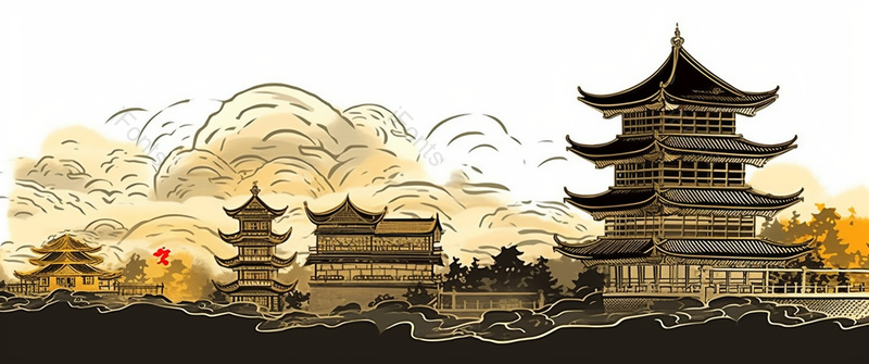 国潮古代建筑高楼建筑群 手绘横板插画,插画/手绘图,插画/手绘图库,插画/手绘图下载,插画/手绘
